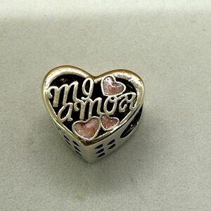 Sterling Silver “Mi Amor”(my love)Heart Charm with Pink Enamel Accents